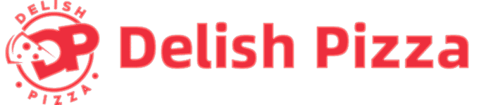 Delish Pizza logo featuring a stylized red ‘DP’ seal and the words ‘Delish Pizza’ in red text.